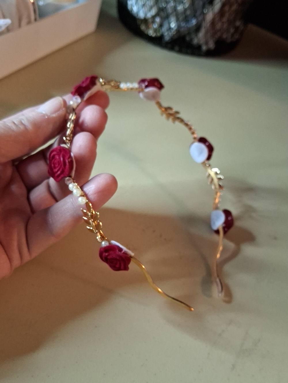 Gold Tone Floral Headband with Red Rose Accents New